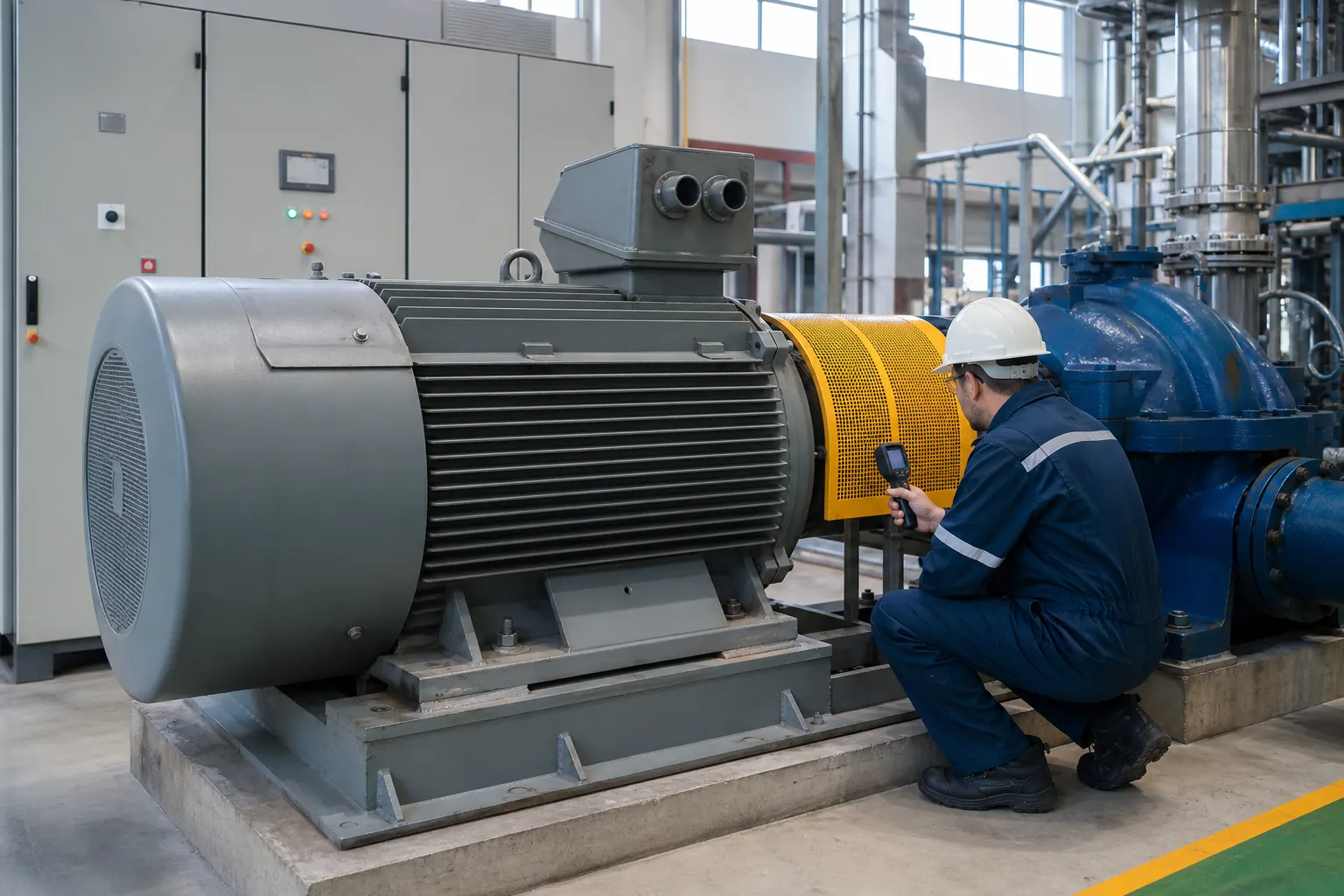 Engineer inspecting a large industrial electric motor rated in kilowatts