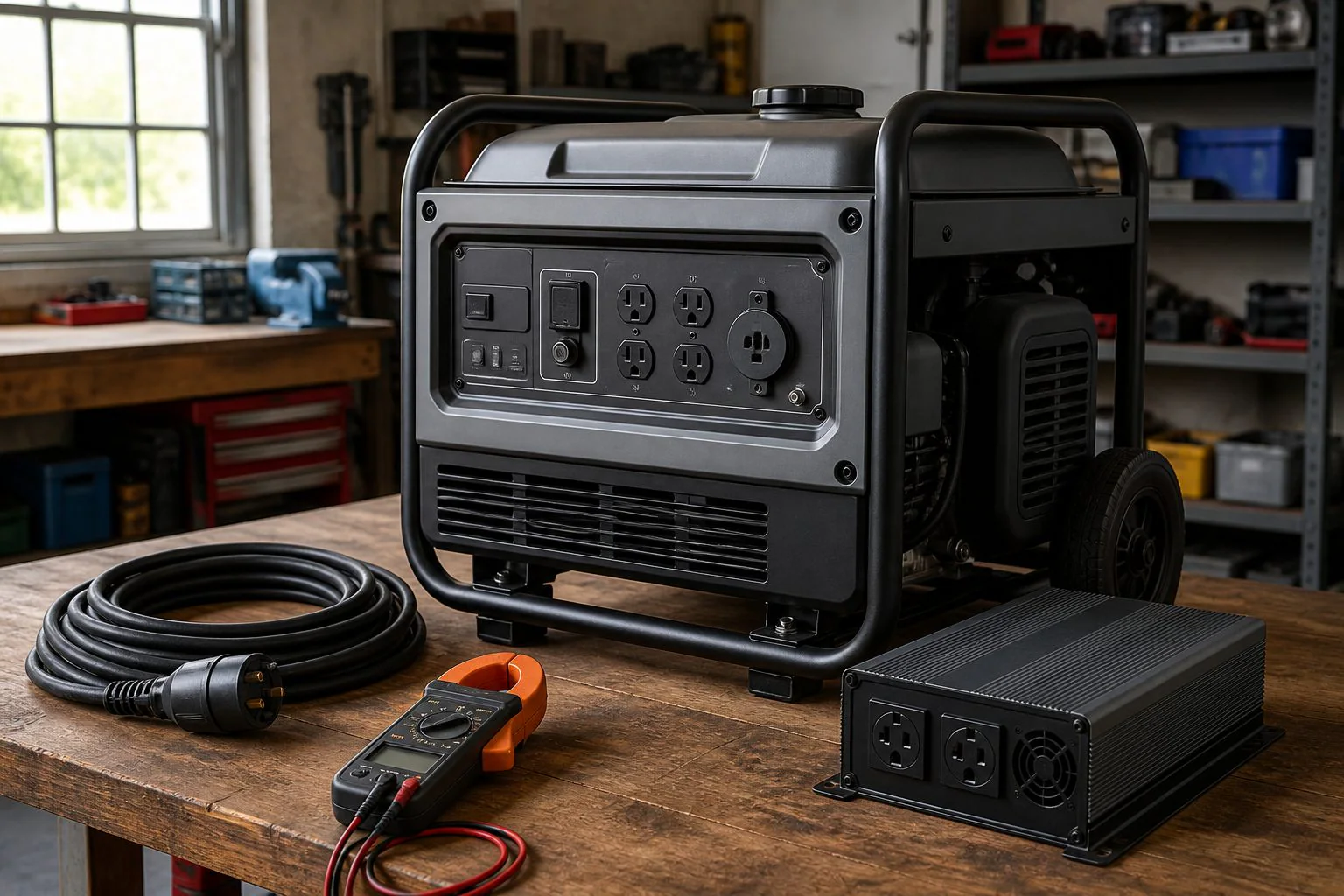 Portable generator and electrical test equipment in a workshop