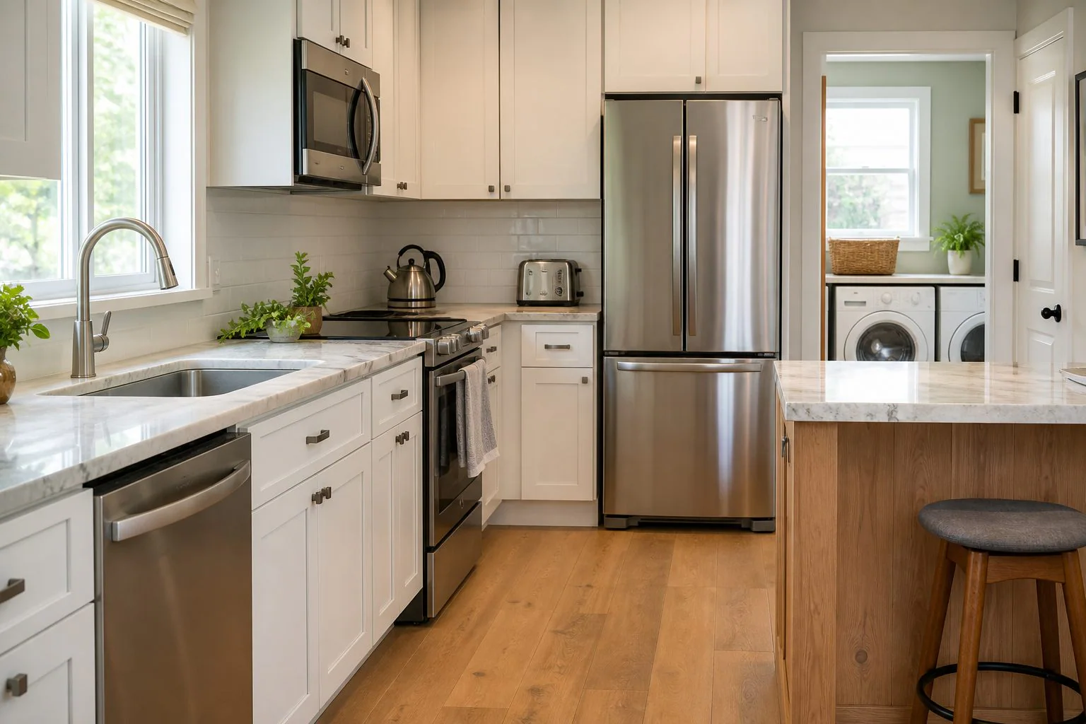 Selection of household appliances in a contemporary kitchen and laundry space