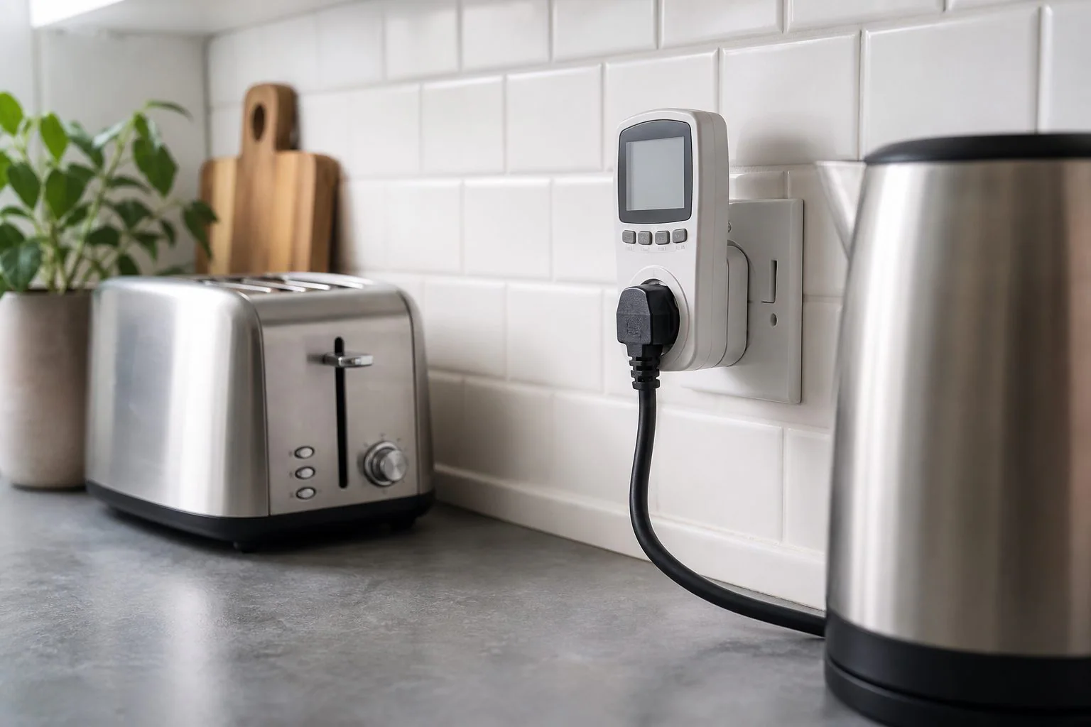 A plug-in energy meter measures a household appliance under normal use.