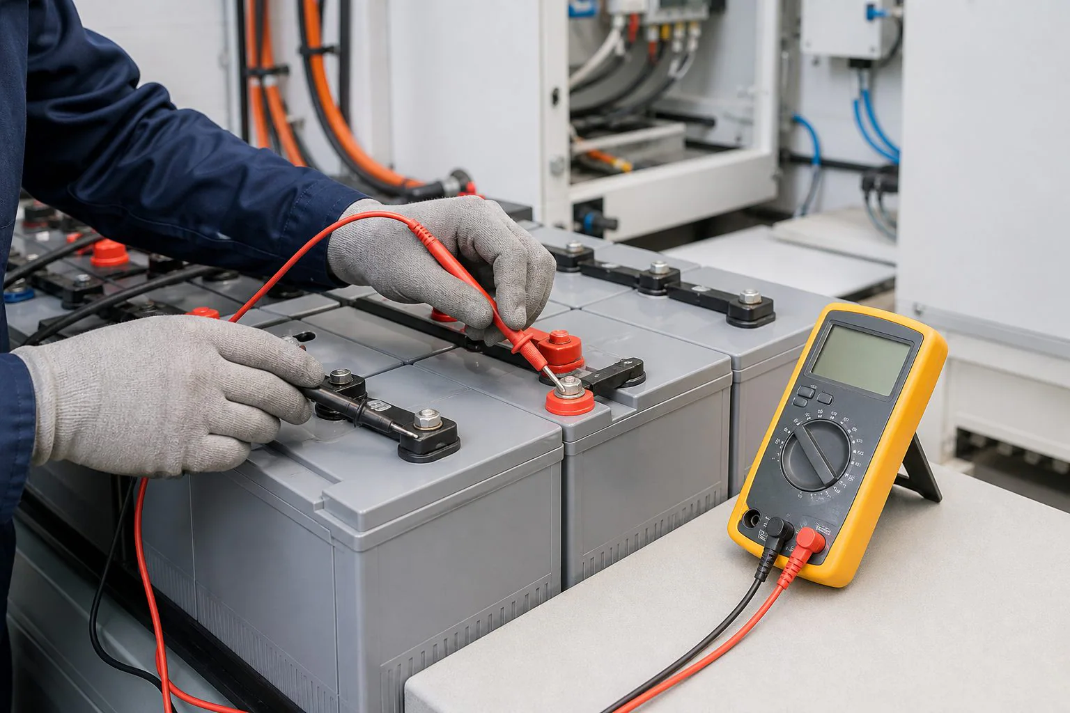A technician checks voltage at a modular battery bank.
