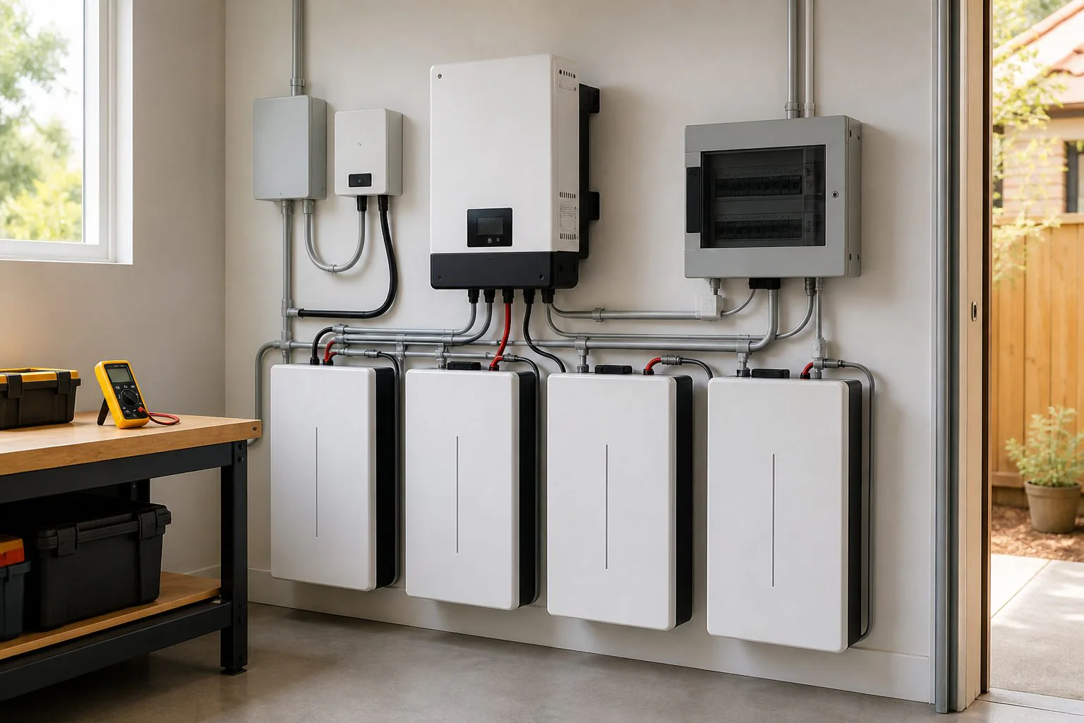 Home battery modules beside a solar inverter in a utility room