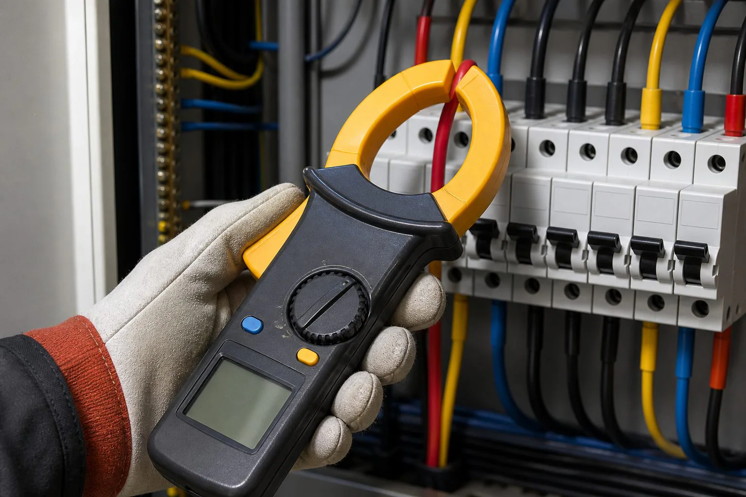 An electrician measures current inside a labeled distribution panel.