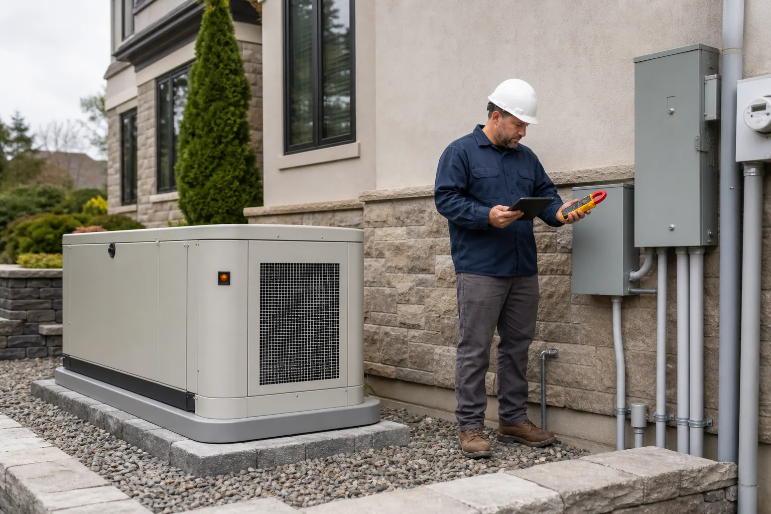Electrician evaluating a standby generator for a large residential electrical service
