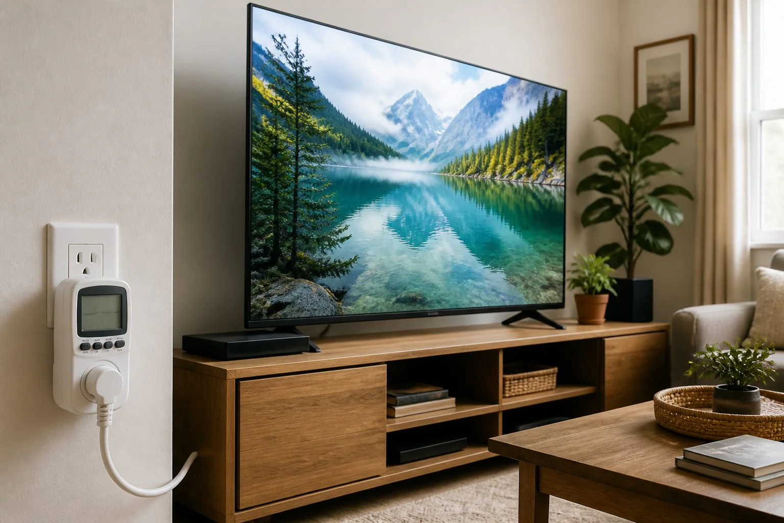 Modern television being measured with a plug-in energy meter