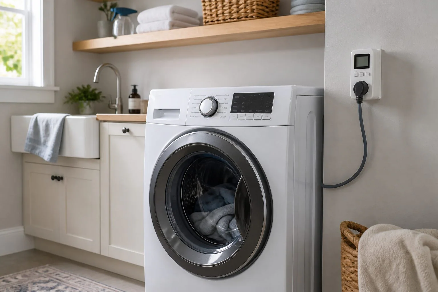 Washing machine in a bright utility room with an energy monitor