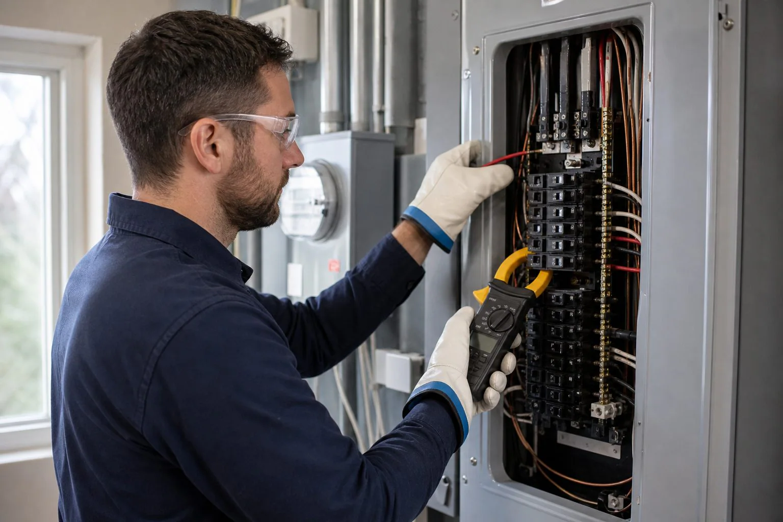 Electrician testing a 220-volt breaker panel with a clamp meter