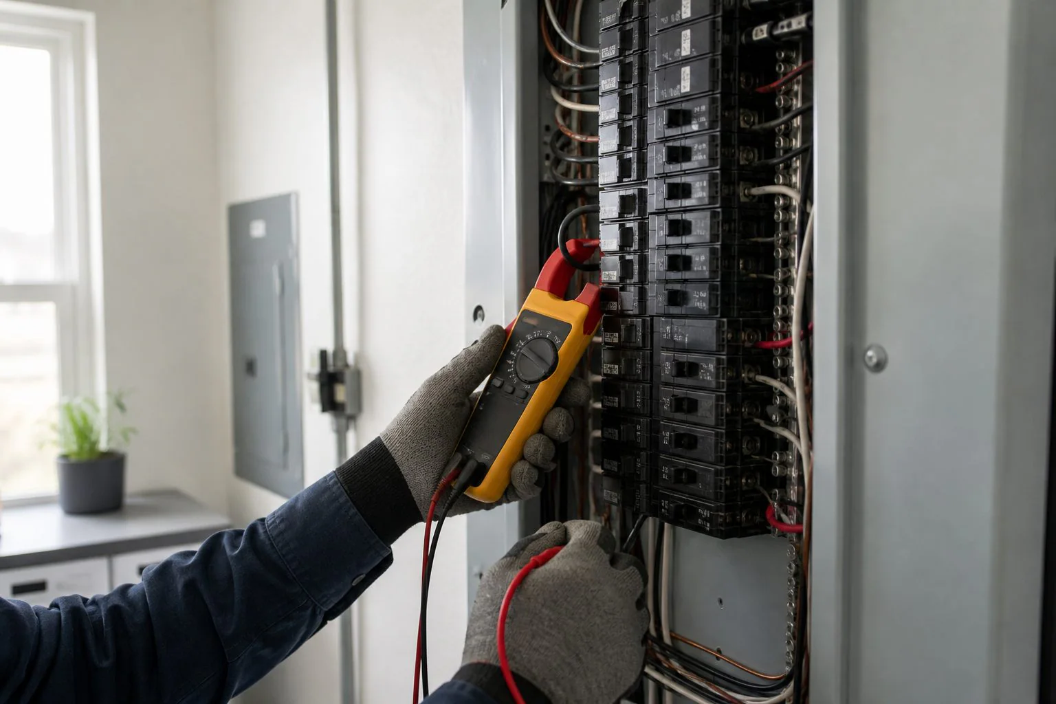 Electrician measuring current at a modern distribution panel
