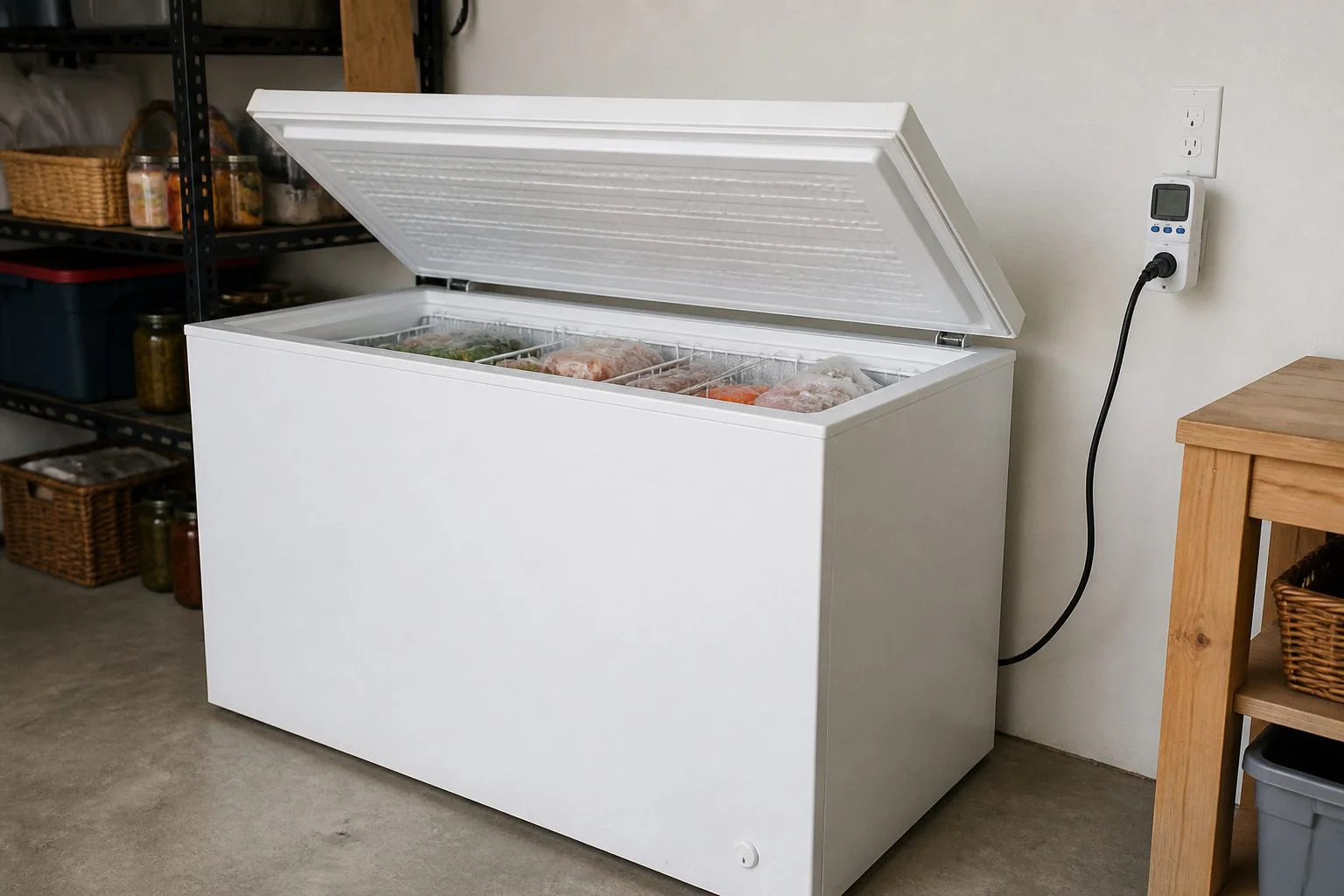 Energy-efficient chest freezer being checked with a power meter