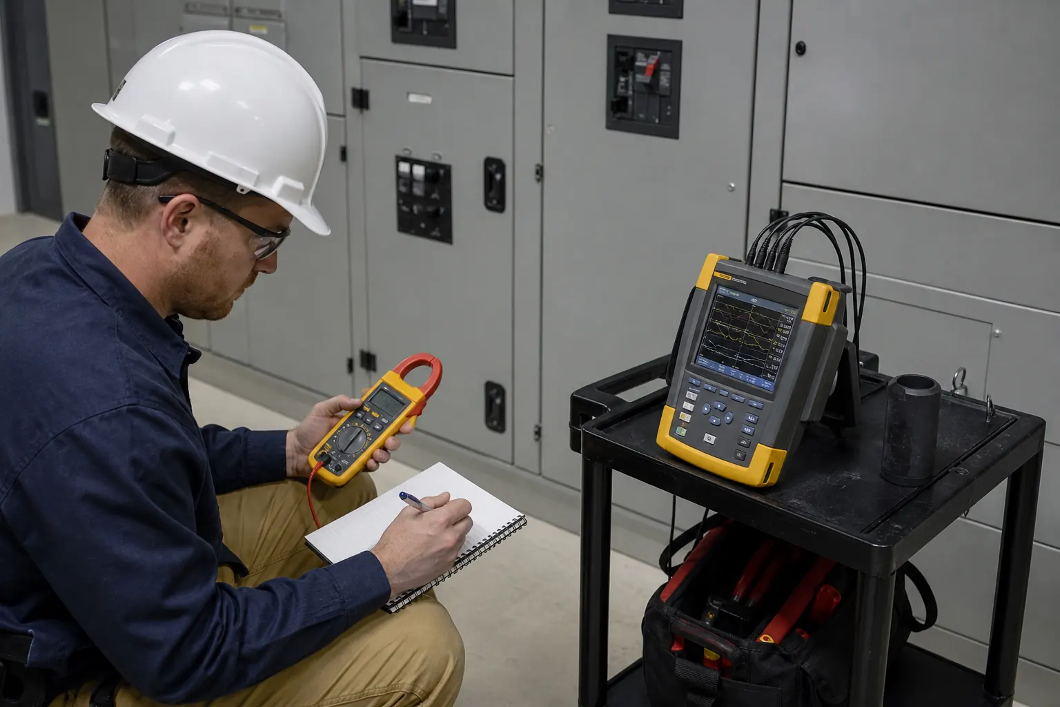 Electrician recording current and voltage measurements for a power calculation