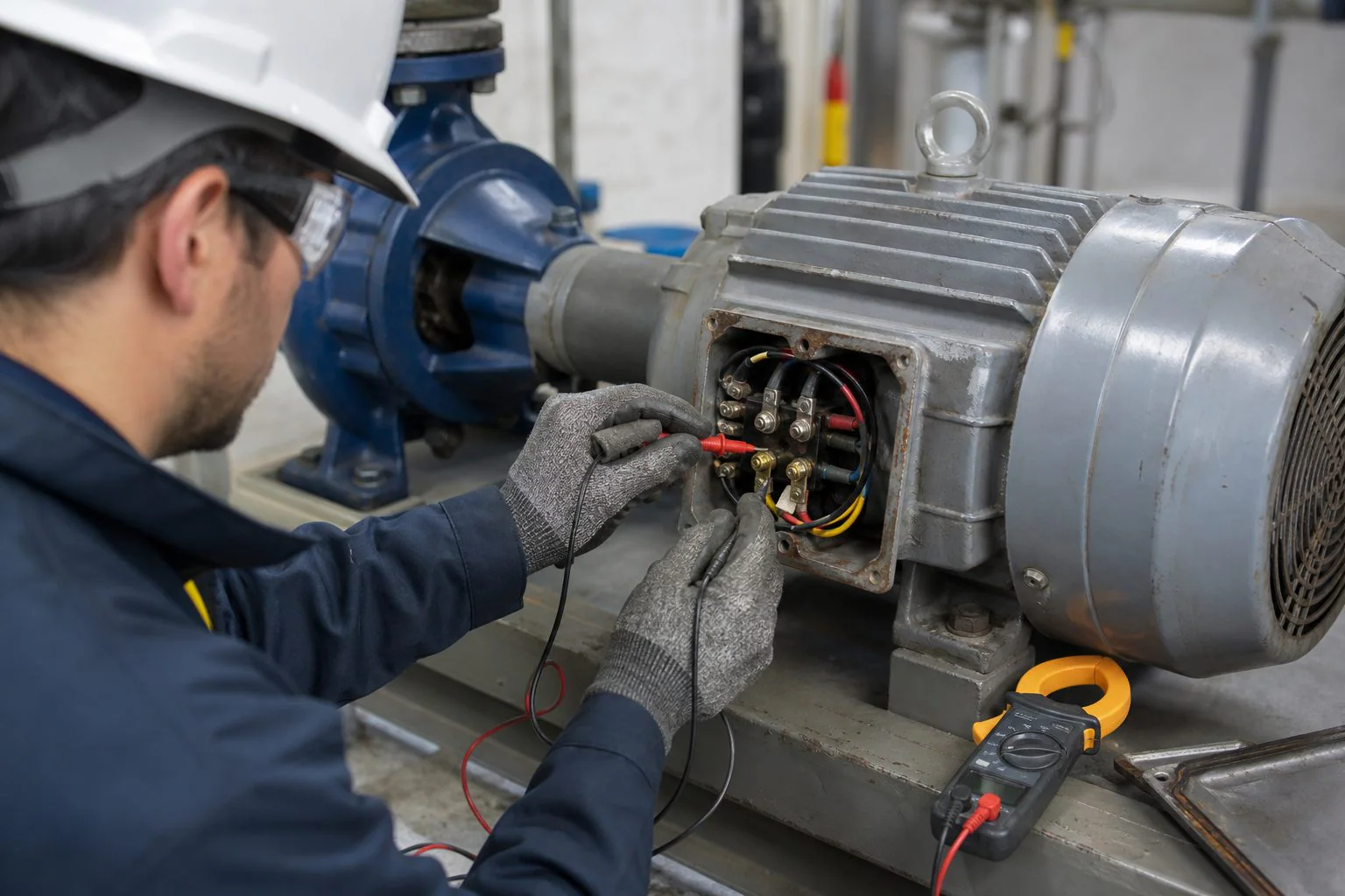 An industrial motor is inspected with electrical test instruments.