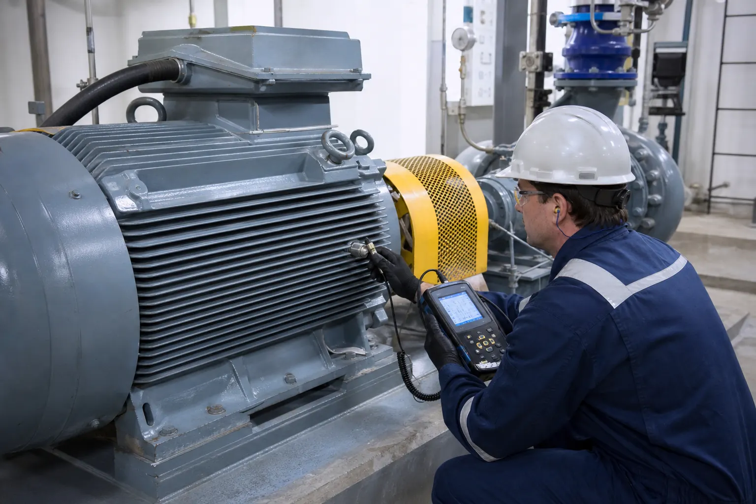 A maintenance engineer checks a large industrial electric motor during a planned shutdown.