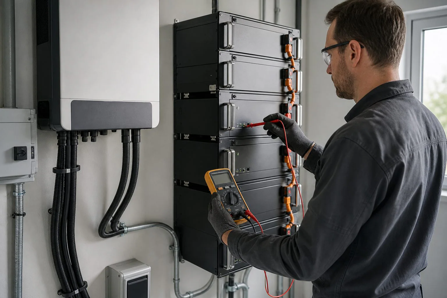 Technician checking a modular home battery storage system