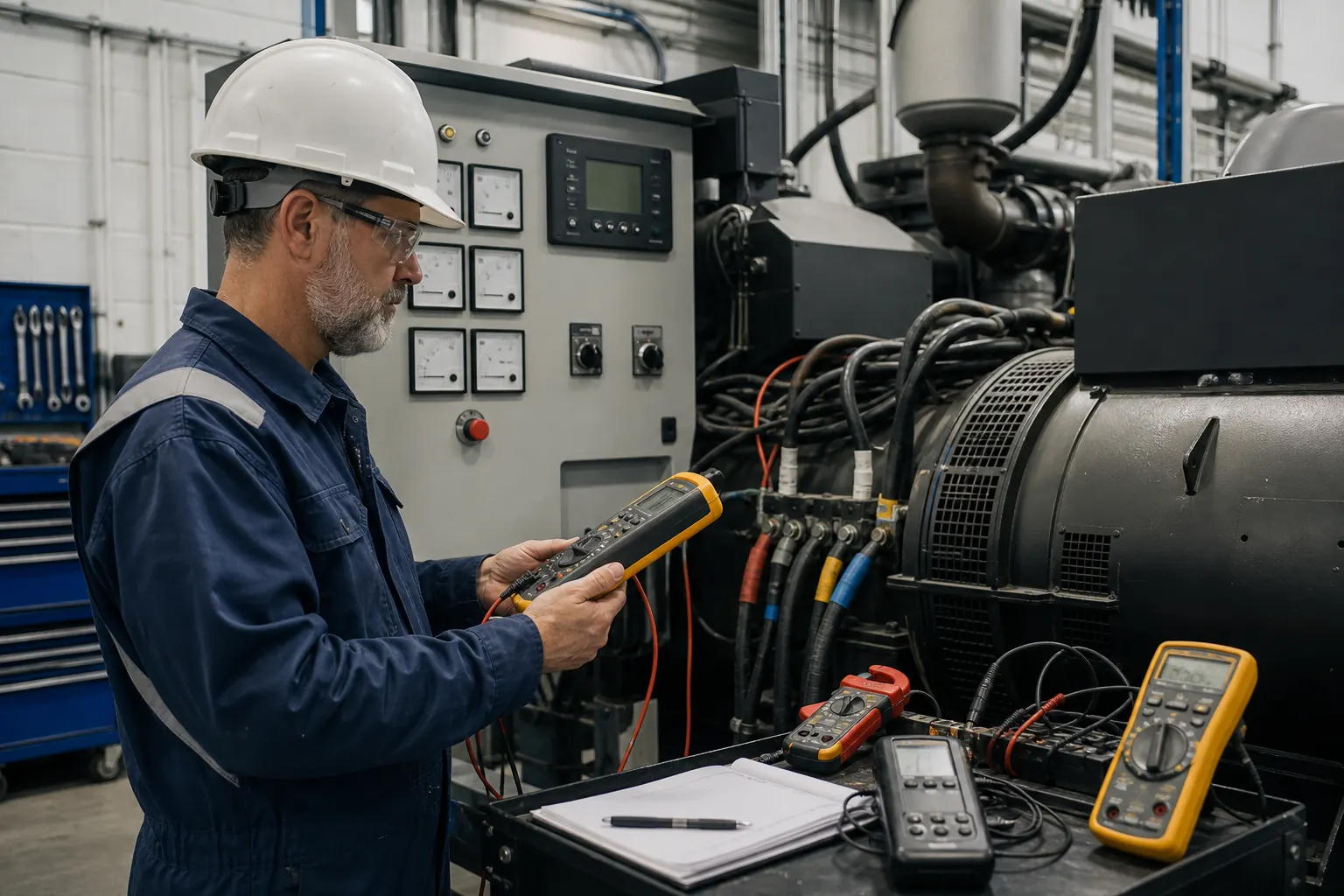 Electrical technician measuring generator load in an industrial workshop