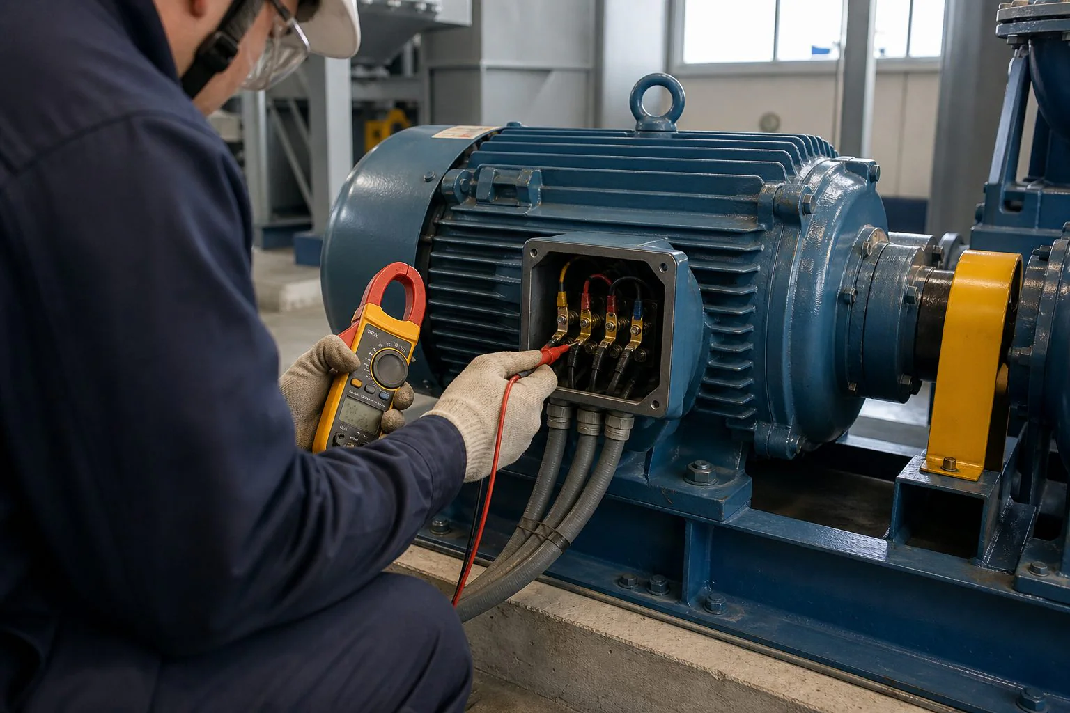 Industrial electric motor inspected with professional test instruments