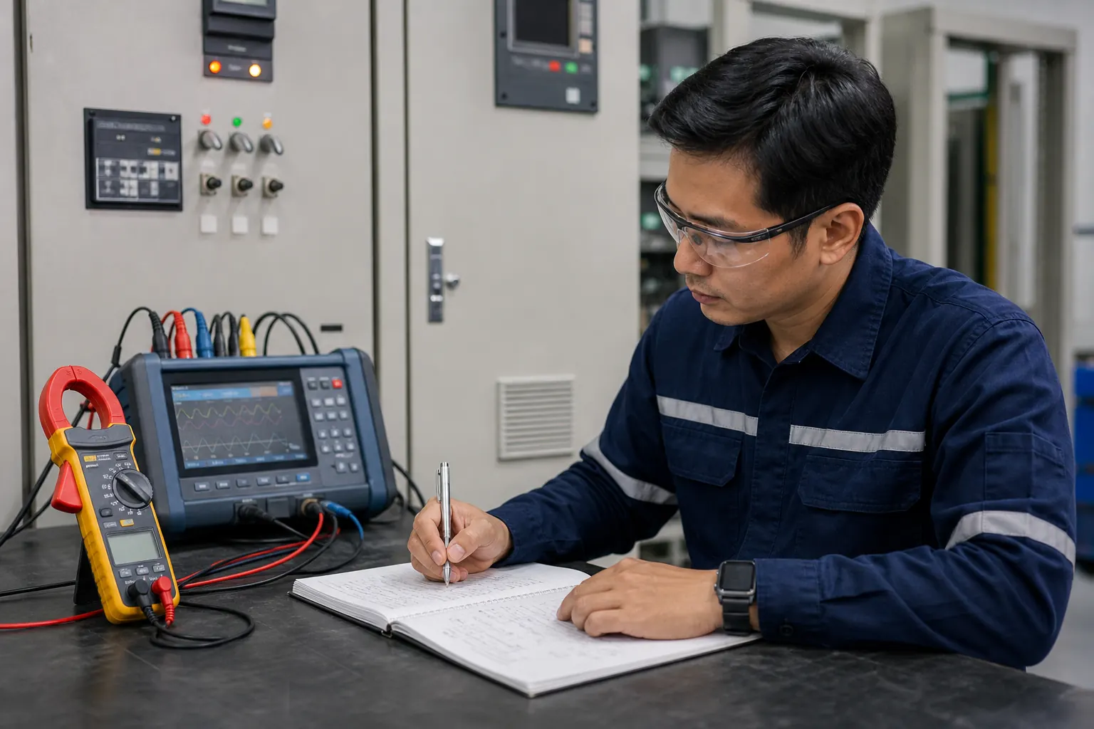 Electrical engineer comparing power calculations with professional test instruments