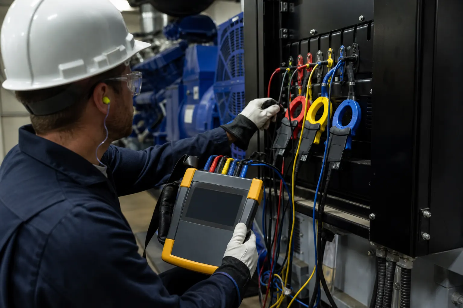 A technician performs a controlled generator load test with professional power-analysis equipment.