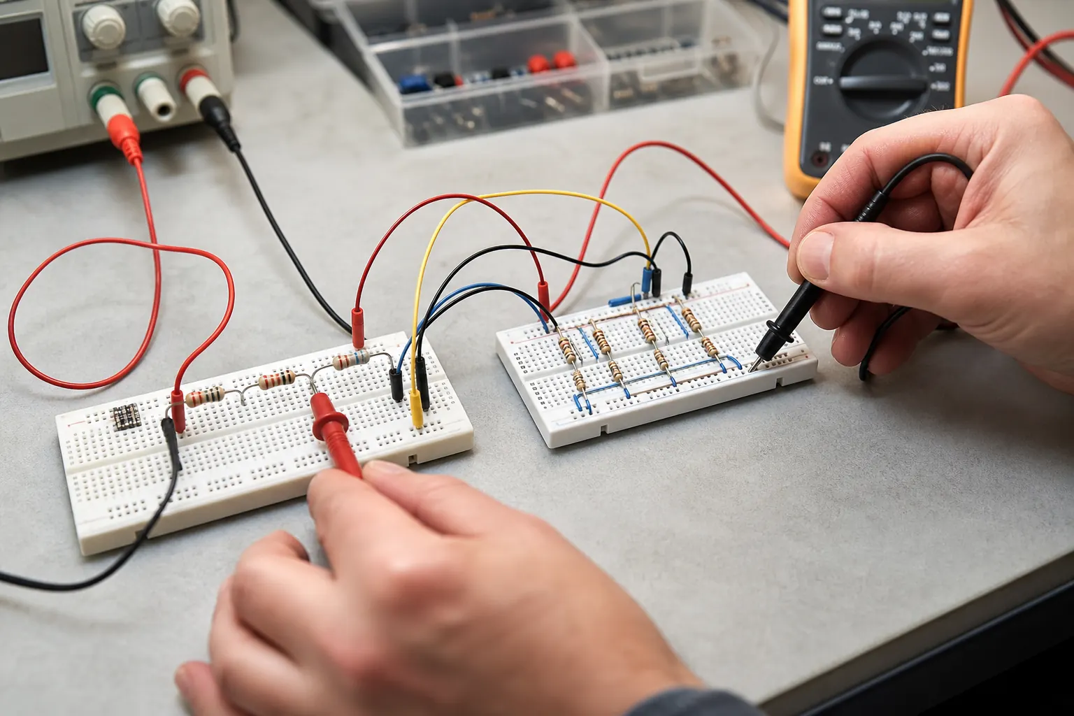 A technician compares voltage across series and parallel resistor networks on a low-voltage bench.