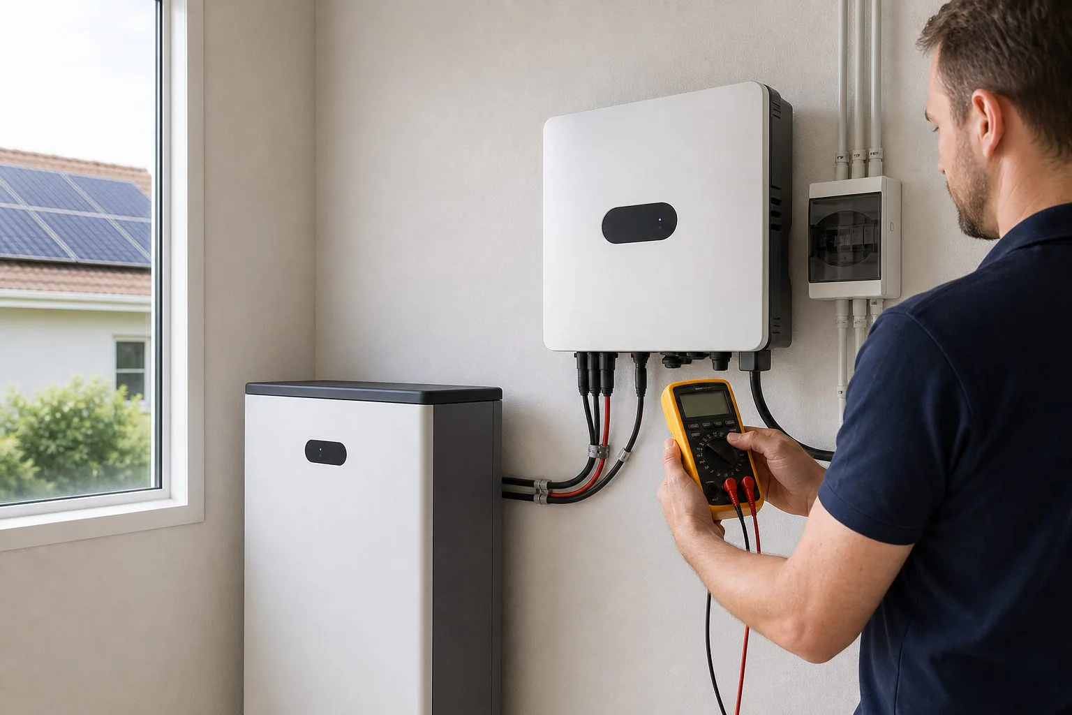 A wall-mounted inverter operates beside a home battery system.