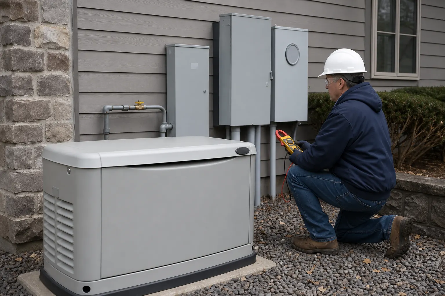 An electrician inspects a residential standby generator and its closed transfer equipment.