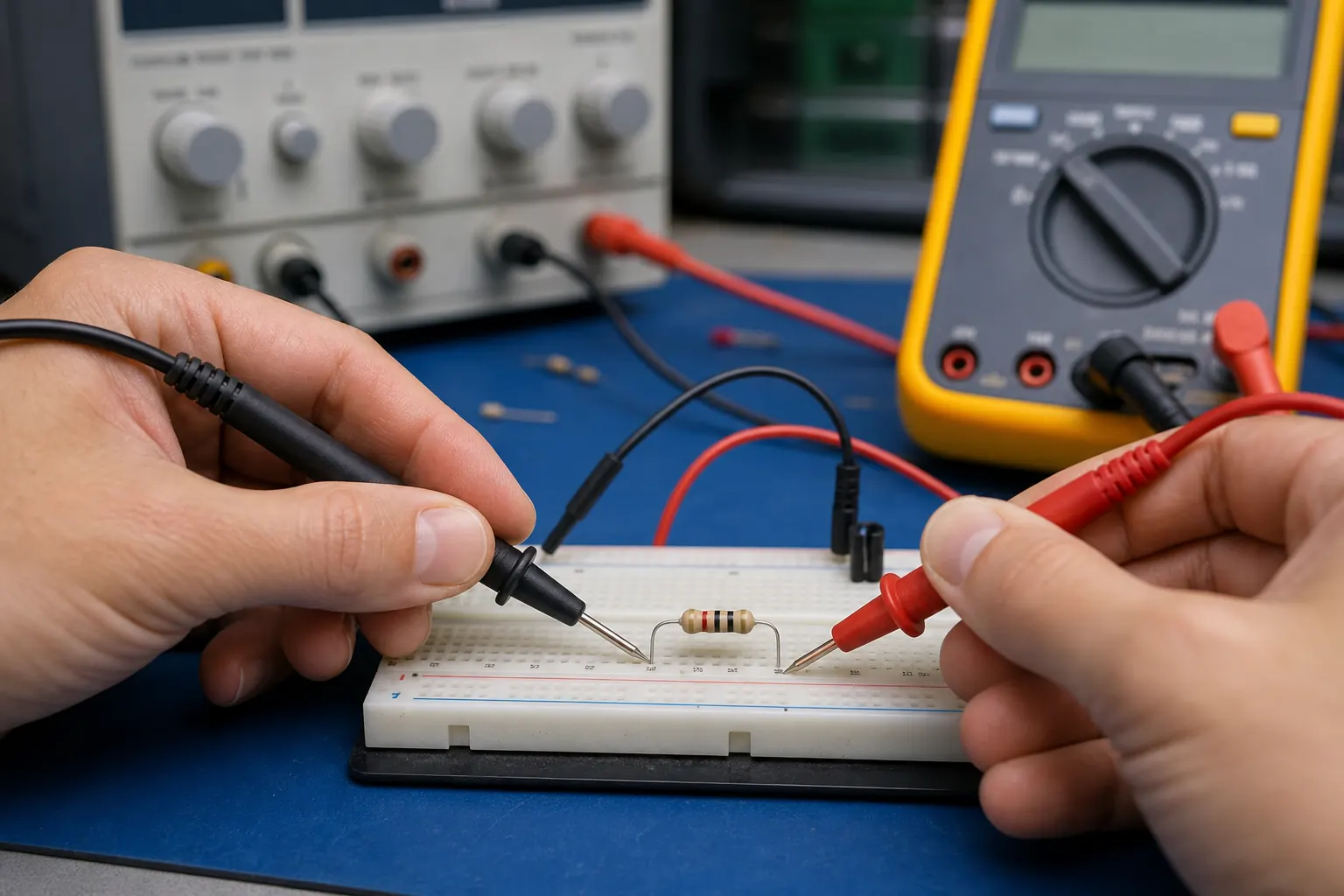 Multimeter probes measuring voltage across a resistor on a laboratory breadboard