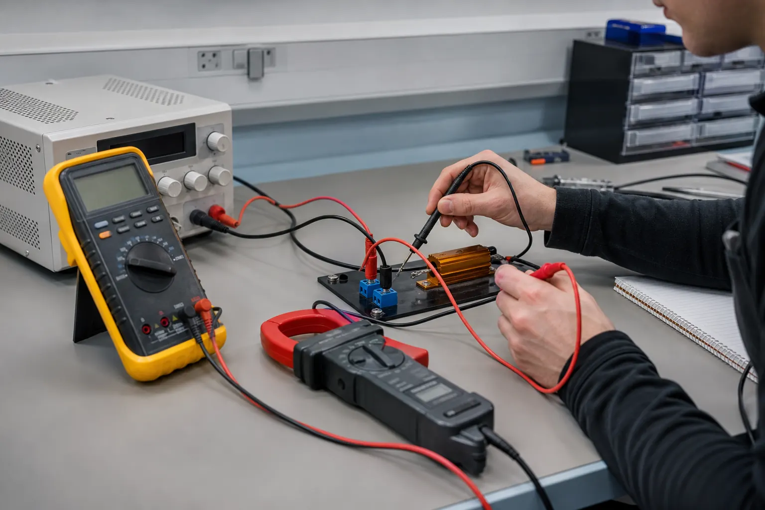 A technician verifies voltage and current on a safe low-voltage training circuit.