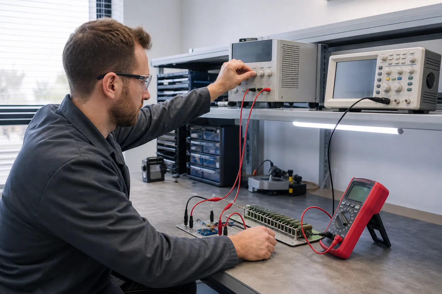 Technician measuring voltage and power on a low-voltage laboratory circuit