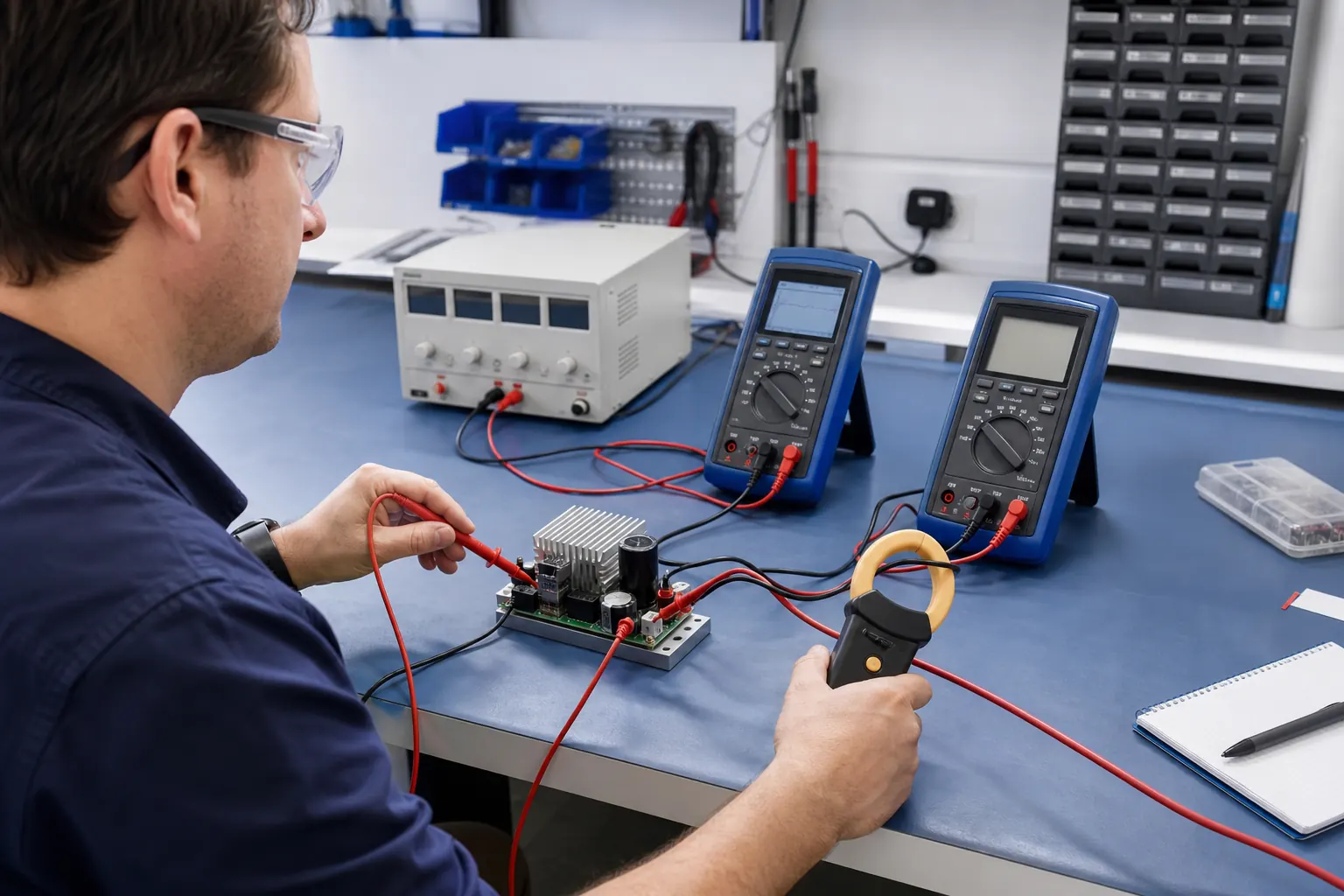 Technician comparing voltage and current measurements on a laboratory circuit