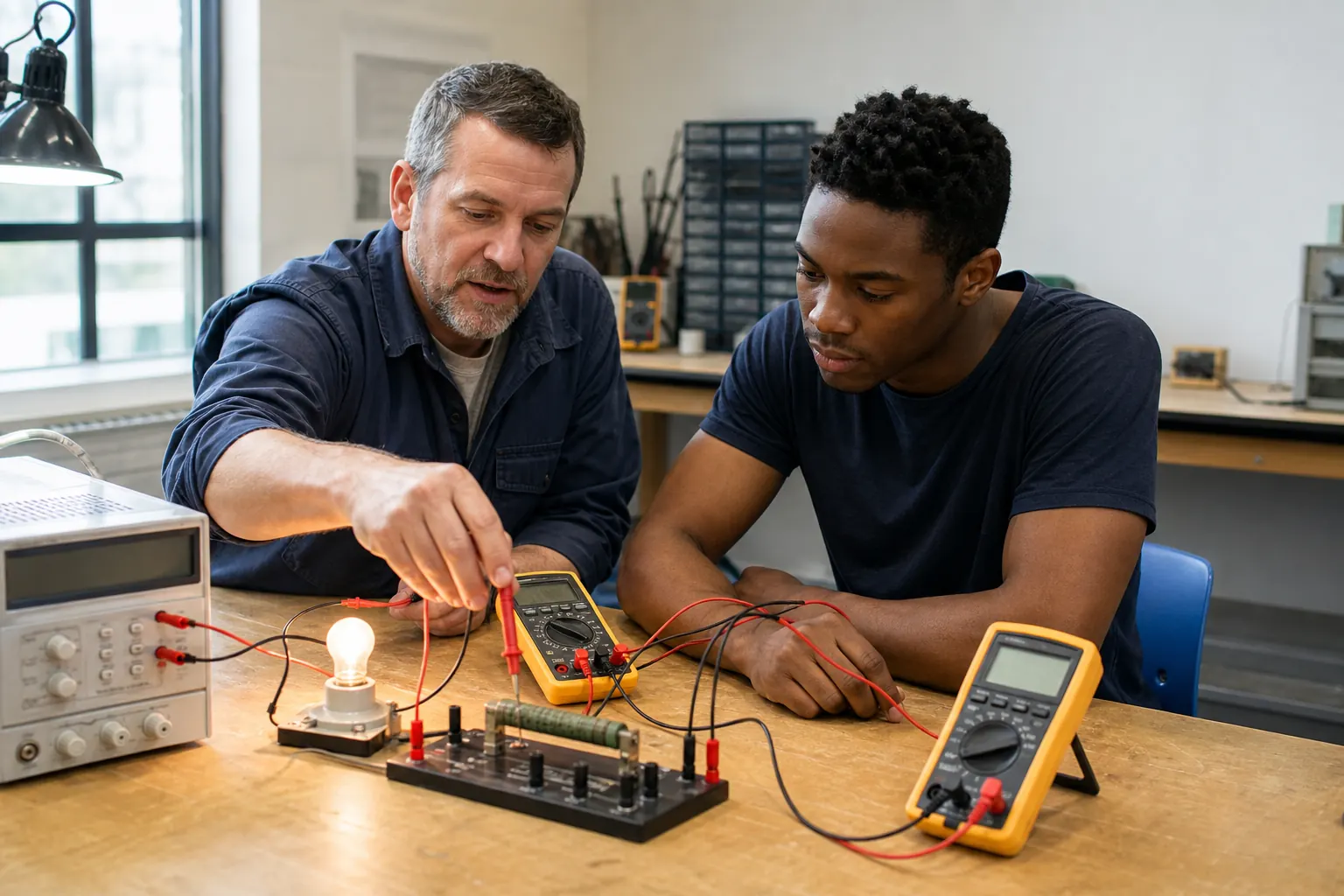Instructor demonstrating Watt's Law with a safe low-voltage circuit